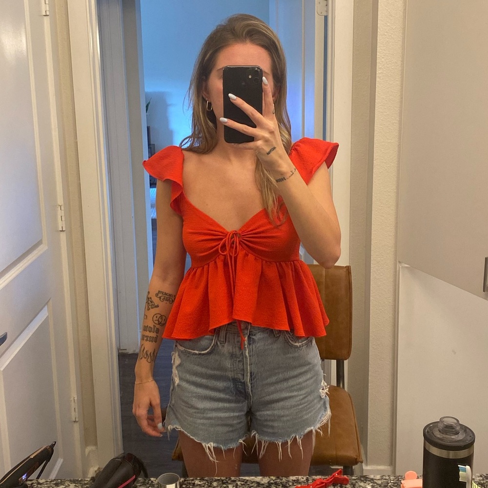 Red Peplum Ruffle Top - Picture 2 of 3